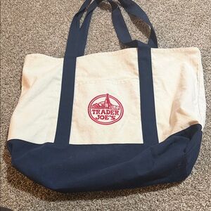 Trader Joe's Canvas Market Tote in Cream and Navy
